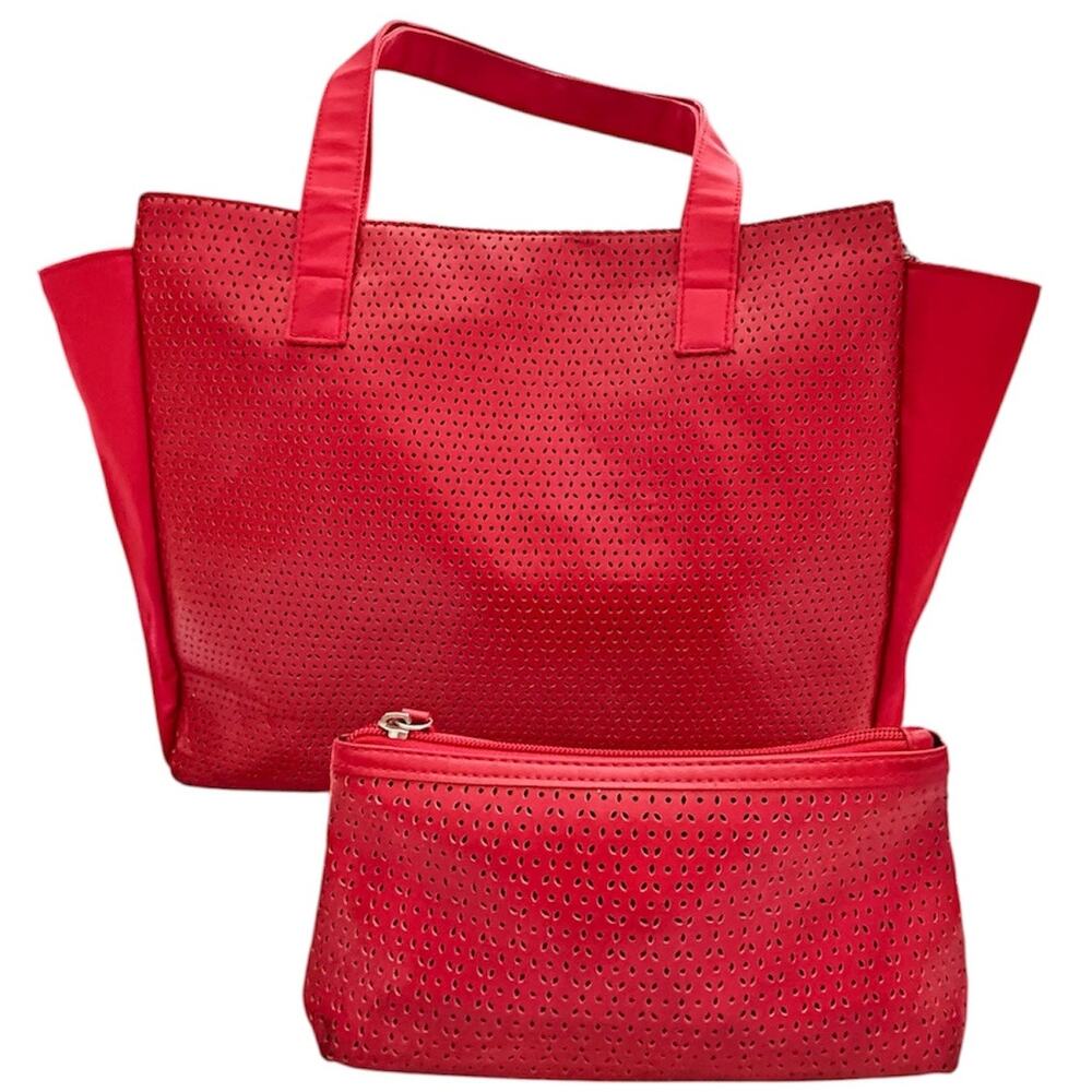 Large Red Tote Bag Set Vinyl Nylon Shoulder Bag w/ Matching Clutch
